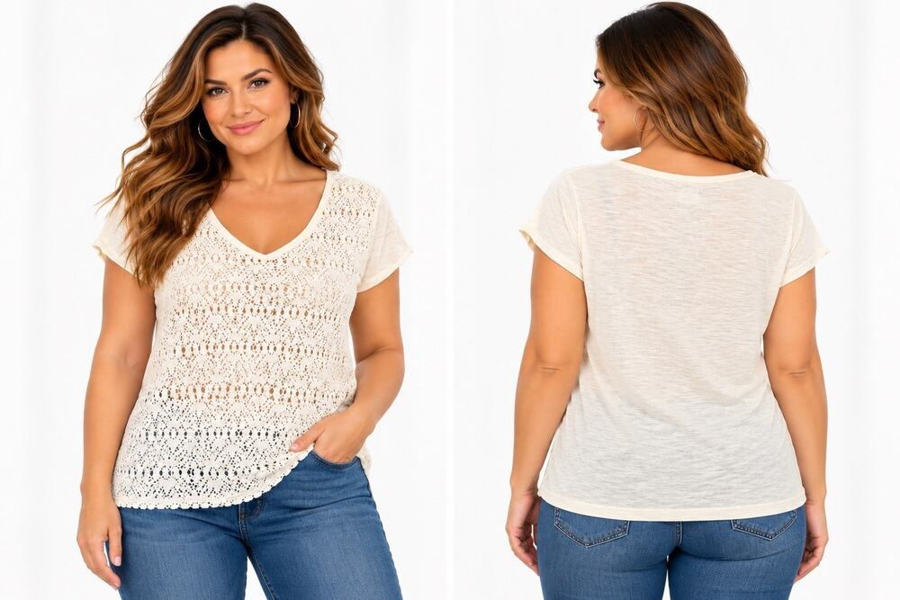 Lucky Brand Womens White Solid Knit Crochet V-Neck Short Sleeve Pullover Top LG